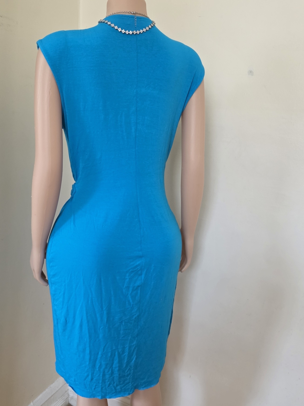 Cache Turquoise Blue Wrap-Style Sheath Dress with Embellished Cap Sleeves - Picture 2 of 3